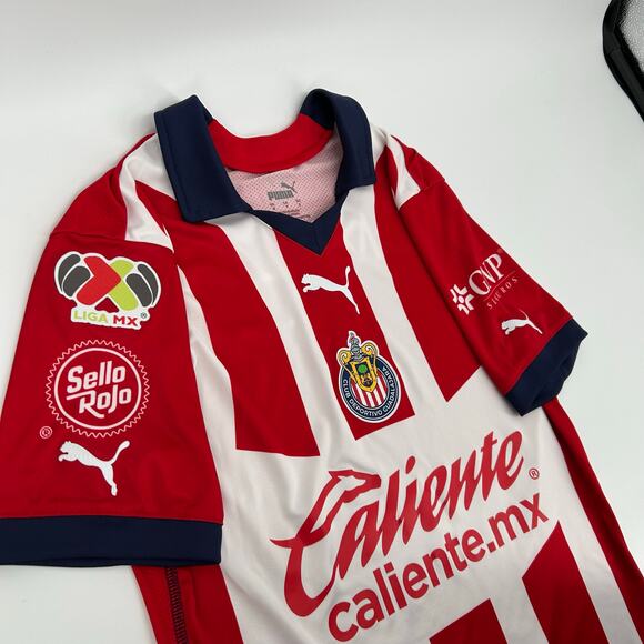 Men's Small Chivas Puma 2023/24 Home Replica Jersey - Red White Striped Collared - Picture 5 of 11